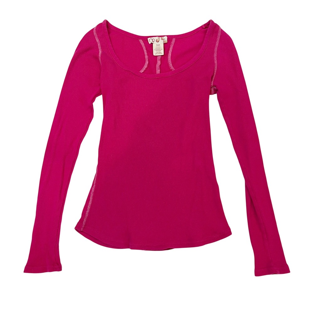 Y2K OP Ocean Pacific Pink Ribbed Scoop Neck Long Sleeve Henley Top SMALL Fitted